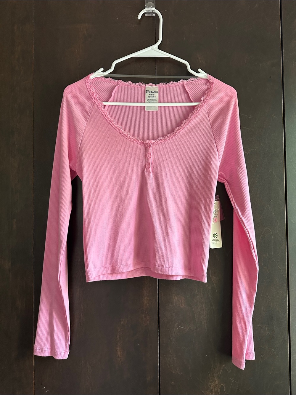 No Boundaries Pink Ribbed Lace-Trim Henley Long Sleeve Top